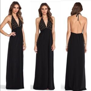 Revolve LBD Lovers + Friends Black And Gold Studded Halter Maxi Dress